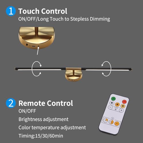 31.5 Inch Battery Operated Wall Sconces of Two, Modern Wireless Rechargeable Wall Lights with Remote Control, 3000K-6000K Dimmable, 350° Rotatable for Living Room, Bedroom, Hallway Decor