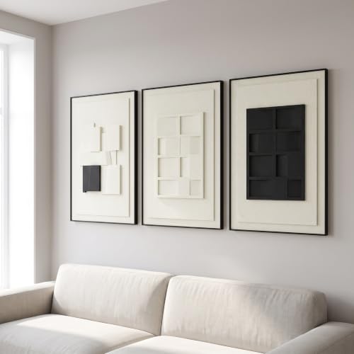 AMAATE 3Pcs 3D Abstract Geometric Sandstone Relief Wall Art Black Framed | 3D Textured Abstract Geometric Sandstone Relief Wall Art 3Pcs, Black Frame, Ready to Hang for Living Room Bedroom Office - color: Black and White Geometry, size: 20" x 30" inch