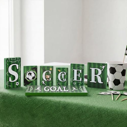 Smile Soccer GOAL Wooden Block Decor Set, 7-Piece Field Vertical Blocks Tiered Tray Tabletop Signs for Game Day & Sports Party Decorations - style: Soccer