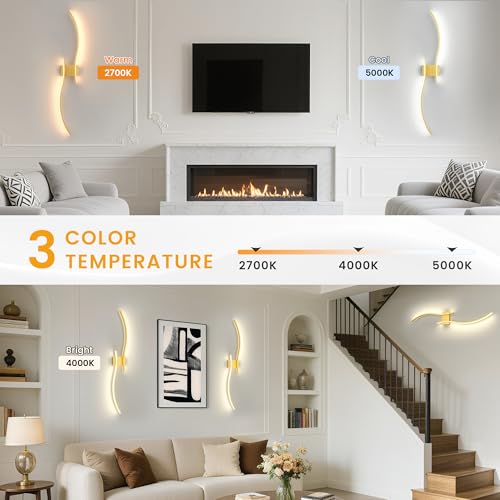VOLISUN Battery Operated Wall Sconces Set of Two, 39.4 inch Wireless Wall Sconces, 3000K-6500K Dimmable Wall Lamps with Remote, Rechargeable Gold Wall Lights for Living Room, Hallway, Bedroom - color: Gold, size: 39.4 INCH