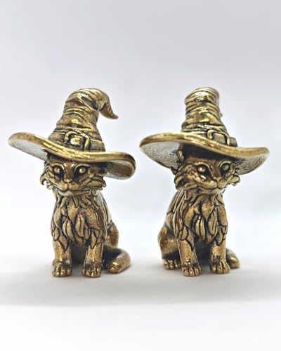 2Pcs Brass Witch Cat Statues, Mini Wizard Hat Figurines for Shelf Desk
