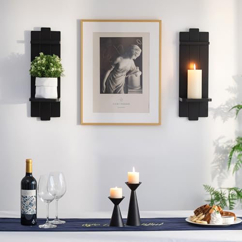 Large Black Wood Wall Candle Sconces: 19.7" Floating Shelf Design - color: Black, size: 19.7in x 6.3in