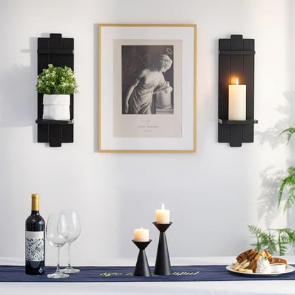 Large Black Wood Wall Candle Sconces: 19.7" Floating Shelf Design - color: Black, size: 19.7in x 6.3in