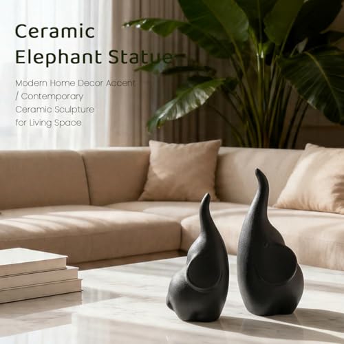Elephant Decor Ceramic Elephant Statue Home Decor, Pair of Elephant Figurines for Living Room Bookshelf TV Stand Decor, Aesthetic Animal Sculptures Table Centerpiece, Housewarming Gifts (Black) - color: Black