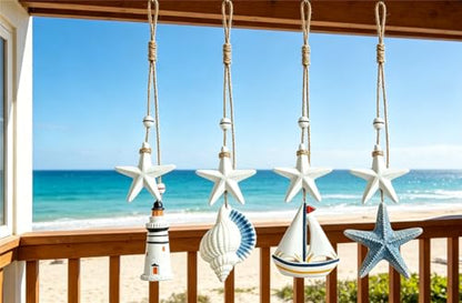 4Pcs Wooden Seashells/Star/Ships/Lighthouse Wall Hanging Decor, Farmhouse Rustic Coastal Themed Decorations for Home, Beach Wall Sign Nautical Decor for Bedroom, Living Room