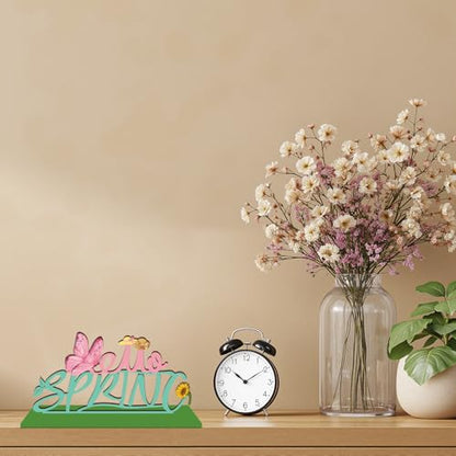 Hello Spring Wooden Table Sign with Base Spring Tabletop Decorations for Home Office Shelf Mantel Indoor Holiday Tiered Tray Spring Party Decor Gift