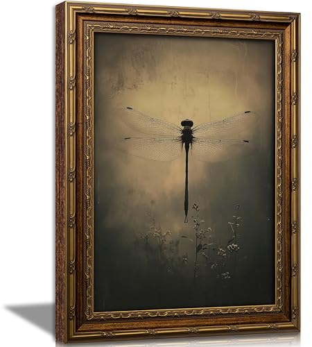 Vintage Gold Framed Wall Art Retro Dark Dragonfly Painting Canvas Prints Gothic Insect Picture Wall Decor Rustic Farmhouse Animal Poster Artwork for Living Room Bedroom Bathroom, 12x16in - color: Dragonfly, size: 16"L x 12"W