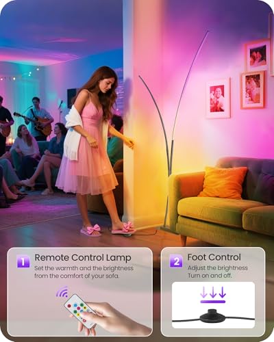 RGB Arc Floor Lamp, Dimmable Double-Light Standing Lamp, 3CCT, Remote & Foot Switch, for Living Room, Office, Bedroom, Black RB61LD05 - color: RGB (Red, Green, Blue)
