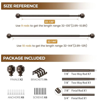 KAMANINA Curtain Rods for Windows 72 to 144 Inch, Long Heavy Duty, Bronze - color: Antique Bronze, size: 72-144"