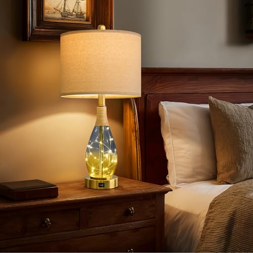 OYEARS 23" Table Lamps for Living Room Set of 2,Bedside Lamps for Night Stands, Rattan Lamps for Bedroom,Farmhouse Lamps with Glass Nightlight,Two Light Points - color: Yellow Blue