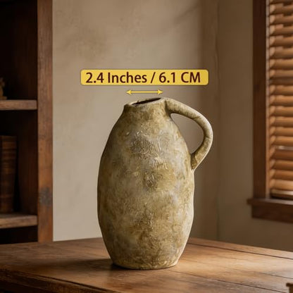 Rustic Ceramic Vase with Handle, 10.3 Inch, Farmhouse Decor, Beige - color: Beige
