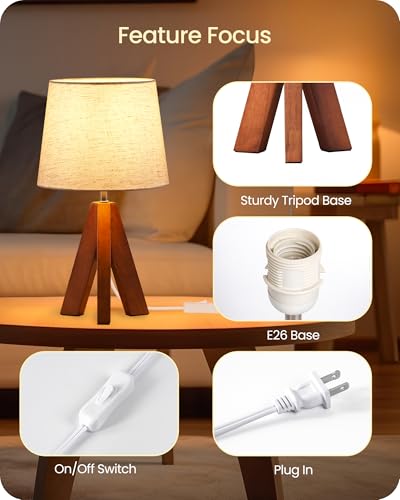 Tripod Table Lamps Set of 2, Small Bedside Lamps, Modern Nightstand Lamp with Dark Pearwood Base & Beige Shade, Boho Desk Light for Bedroom, Kids Room, Living Room, Office, Study, LE51TLP205 - color: 2Pack Beige+Pearwood