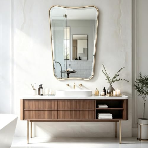 POZINO 40"x24" Brushed Gold Irregular Beveled Mirror for Bathroom Sink - color: Brushed Gold Irregular, size: 40"L x 24"W