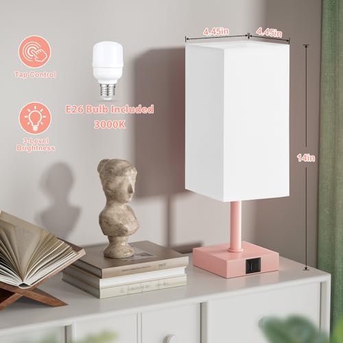 Touch Table Lamp for Bedroom - Dimmable, USB C+A, White Lamphade Pink Base - color: White & Pink