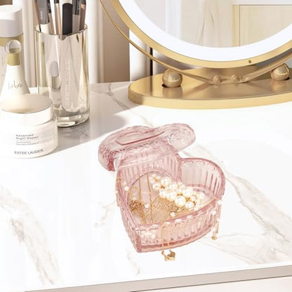 2PCS Glass Jewelry Box by DSIOHFEI, Heart-Shape with Lid for Women Girls
