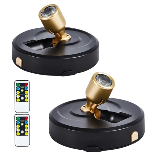 Wireless Spotlight Battery Operated, Tap Closet Light LED Puck Lights with Remote, 2-Pack Stick on Artwork Lighting with Rotatable Head for Wall Entrance Hallway Basement Artwork Decorative - color: Black Gold