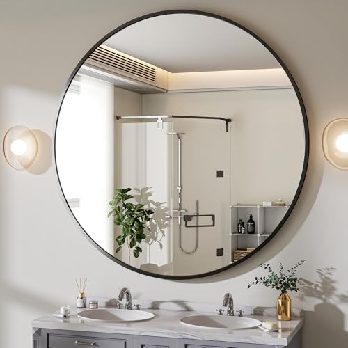 BEAUTYPEAK 48 Inch Round Mirror, Metal Frame Circle Mirror, Black - color: Black, size: 48"L x 48"W
