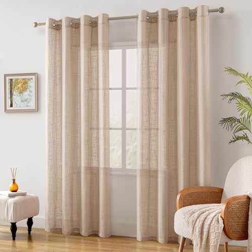 HOMEIDEAS Beige Linen Textured Sheer Curtains, 52 X 108 Inch,2 Panels - color: Beige/Taupe, size: 52"W x 108"L (Pack of 2)
