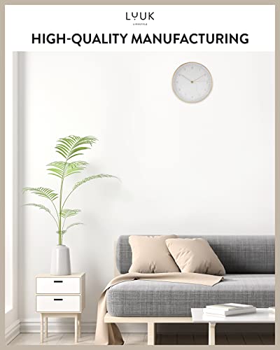 LUUK LIFESTYLE Modern Silent Quartz Wall Clock, 10in, White & Gold | Designed in Germany, Simple & Elegant, Non-ticking, Analog, Battery operated, Housewarming gift, for Living room, Bedroom - color: White, 10"