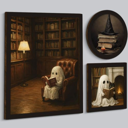 BIQRP 3 Pcs Halloween Ghost Reading Books Wall Art Set - color: Books