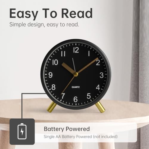 JALL Analog Alarm Clock, 4 inch Super Silent Non Ticking Small Clock with Night Light, Battery Operated, Simple Design, Easy Setting for Office, Bedroom, Bedside, Desk, Teens, Elders, Adult, Black - color: Deep Black