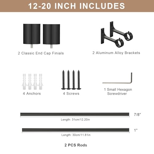 Matte Black Heavy Duty Telescoping Curtain Rods, 12-20 Inch, Side Mount, Cap Finials - color: Matte Black, size: 12-20"