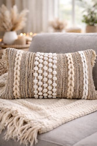 Decorative Boho-Chic Lumbar Pillow Cover 12x20 Premium Handwoven Tufted Cotton &Wool Accent Pillows, Earthy Color Throw Cushion, Farmhouse & Bohemian Home Decor (Limited Edition Cover Only) - color: Brown, Cream, Taupe, Beige, Multi-color, Neutral - Lumba