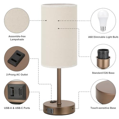 Fenmzee 17.4" Brown Lamp for Bedroom - Dimmable Touch, USB A+C, AC Outlet - color: Beige - Brown, size: 17.4"