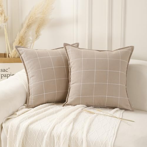 Pure Linen Plaid Throw Pillow Covers 18x18, Set of 2, Pink - color: Pink, size: 18x18inch