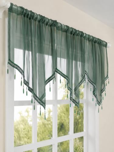 Molaxhome Swag Curtain Scalloped Curtain Valance Drape Sheer Lace Panel 1pc - color: Dark Green