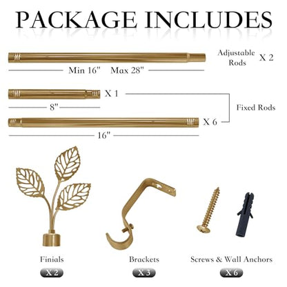 RYB HOME Curtain Rod for Windows, Gold Heavy Duty 1 Inch Steel Leaf Finial - color: Gold, size: 72-144"