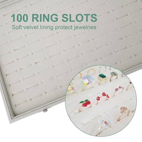 100-Slot Ring Organizer Box with Dust-Proof Transparent Glass Lid - color: Beige-100 rings