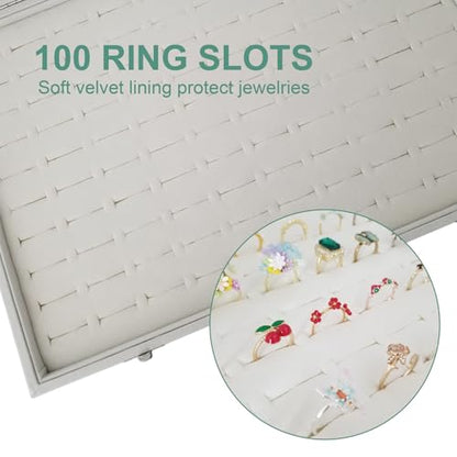 100-Slot Ring Organizer Box with Dust-Proof Transparent Glass Lid - color: Beige-100 rings