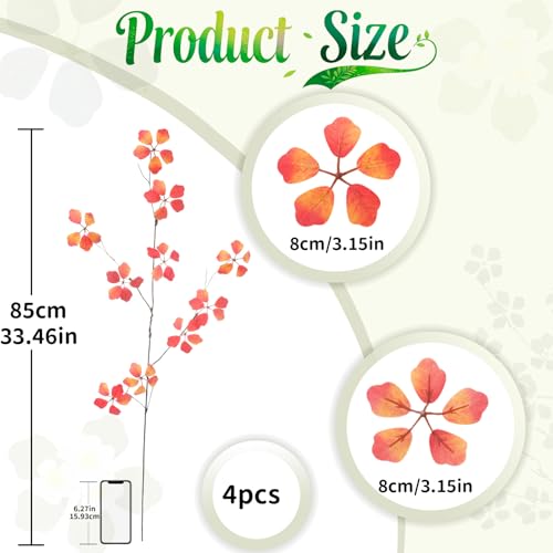 97.8cm(38.5인치) 높이 4개, 잎이 있는 올 오렌지 인공 가지, 사실적인 인조 무화과나무 녹색 줄기, 높은 바닥 꽃병, 가정, 사무실 봄 장식용 구부릴 수 있는 가짜 식물 잔가지(가을 5잎) - color: 가을 다섯 잎