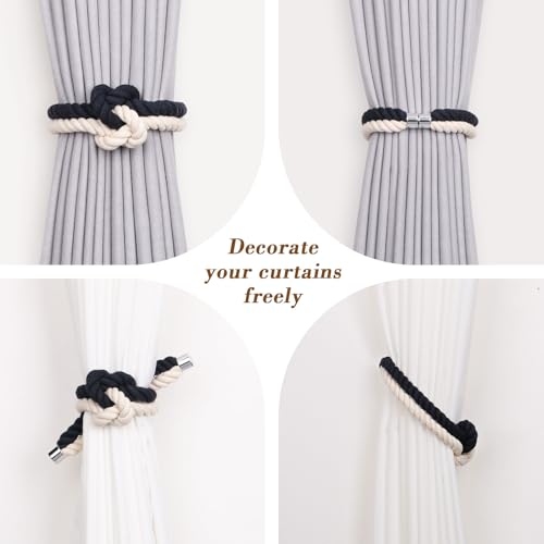 NICEEC Cotton Rope Magnetic Curtain Tiebacks, 4 Pack, Dark Blue & Beige - color: Dark Blue & Beige, size: 4 Pack