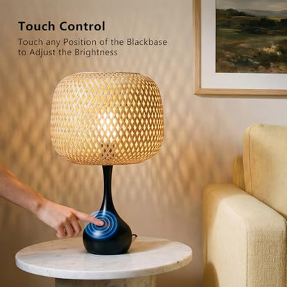 ONEWISH Touch Bedside Lamp for Bedroom, 3-Way Dimmable Table Lamps for Nightstand, Handwoven Bamboo Shade Desk Lamp for Living Room, Home Office - color: Natural Bamboo Shade & Black Base
