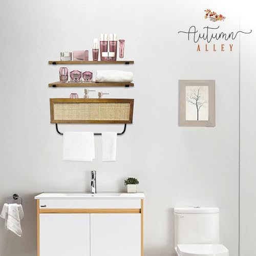 Autumn Alley Modern Organic Floating Shelves for Bathroom – Above Toilet Shelves with Rattan Basket Caning Organizer, Wood Floating Shelf Storage, Wall Shelves Bathroom Décor, 3 Tier