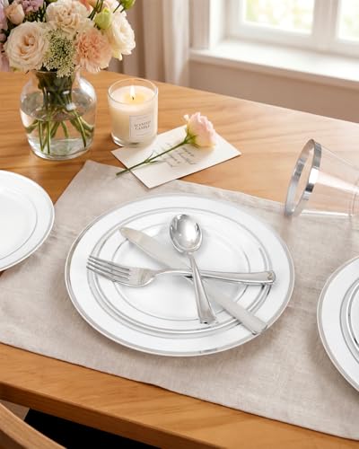 bUCLA 150-Piece Silver Disposable Dinnerware Set - White Plastic Plates with Silver Rim - Include 25 Dinner Plates, 25 Dessert Plates, 25 Forks, 25 Knives, 25 Spoons & 25 Cups for Party & Christmas - color: Silver