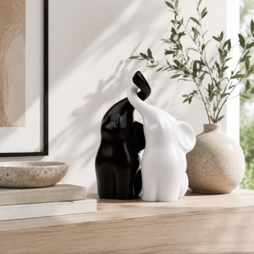 QINJIEJIE Elephant Statue Loving Elephant Gift 14th Anniversary for Couples - color: Black & White