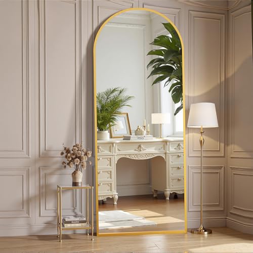 OLIXIS Arched Full Length Mirror 59"x16.3" for Bedroom, Full Body Mirror with Stand, Hanging or Leaning for Wall, Aluminum Alloy Thin Frame Floor Standing for Living Room, Long, Gold