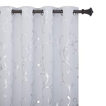 BUHUA Greyish White Blackout Curtain 2 Panel Set Silver Vine Foil Print Thermal Insulated Drapes Room Darkening Curtains Grommet Window Treatment, 52 x 108 Inch - color: Greyish White, size: 52"W x 108"L (Pack of 2)