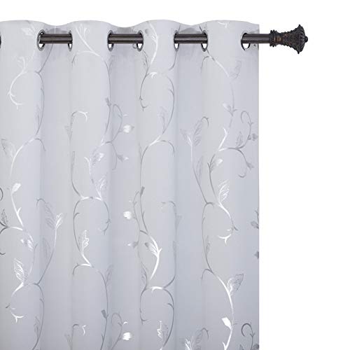 BUHUA Blackout Curtains Silver Foil Print Flower Vine Grommet Drapes, Room Darkening Thermal Insulated Curtains, Noise Reducing Curtain for Bedroom, Greyish White, 66Wx84L, 2 Panels - color: Greyish White, size: 66"W x 84"L (Pack of 2)