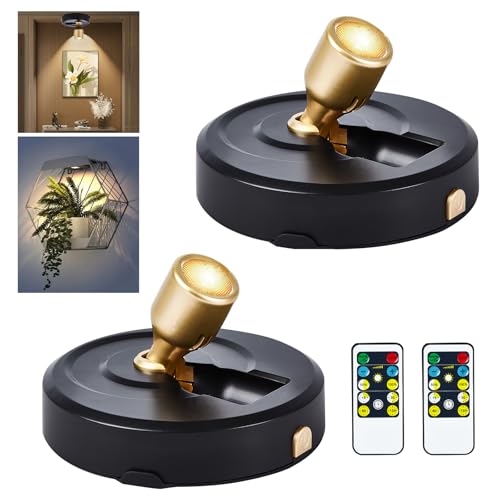 RAHAN Wireless LED Spotlight, 2Pack Battery Powered Picture Lights Puck Lights, Uplighting Indoor with Remote, Stick Spot Light for Wall Art Display Dartboard Painting Artwork Accent Closet - color: Black-G