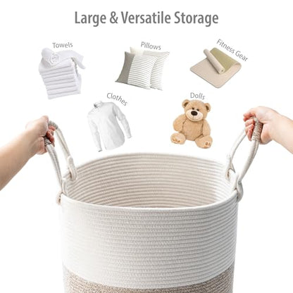 Laundry Hamper Basket, Woven Cotton Rope Blanket Basket, Nursery Storage - color: White & Brown, size: 16"D x 22"H