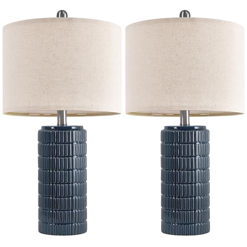 PoKat 23" Blue Table Lamps, Farmhouse Bedside Lamps for Bedroom Set of 2, Ceramic End Table Lamps for Living Room, Traditional Nightstand Desk Lamps, Medium - color: Dark Blue
