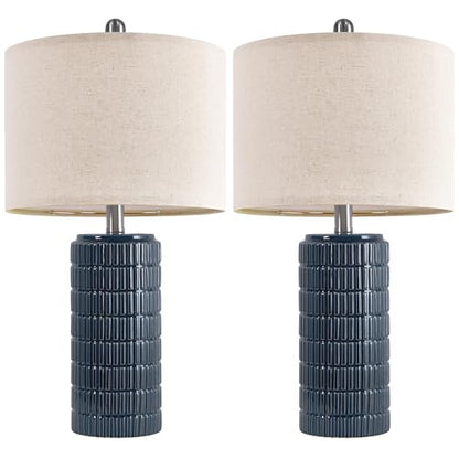 PoKat 23" Blue Table Lamps, Farmhouse Bedside Lamps for Bedroom Set of 2, Ceramic End Table Lamps for Living Room, Traditional Nightstand Desk Lamps, Medium - color: Dark Blue