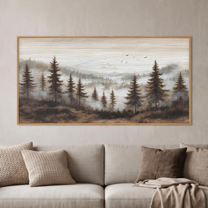 Aurlan Large Foggy Pine Tree Mountain Framed Canvas Wall Art Set-40"x20" - color: Foggy Landscape Wall Art, size: 40"L x 20"W