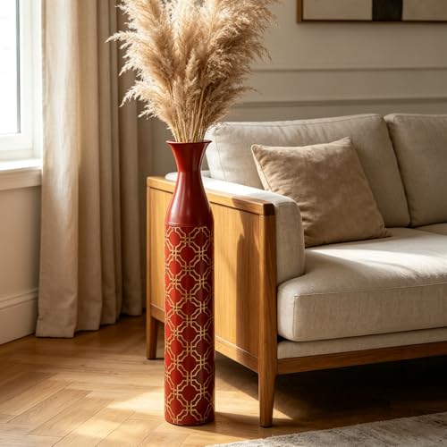 Hosley Metal Red Tones Moroccan Embossed Floor Vase 28.5 Inch High. Great Vase for Dried Floral Arrangements Craft Projects Ideal Gift for Wedding Special Occasion Home Office - color: Red and Gold