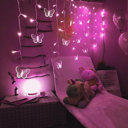 Butterfly Curtain Lights, 13ft 96 LED USB Window Fairy Lights 16 Butterflies 8 Modes Firefly Twinkle Timer String Lights with Remote for Room Bedroom Wall Ceiling Party Wedding Christmas - color: Pink, size: 13ft