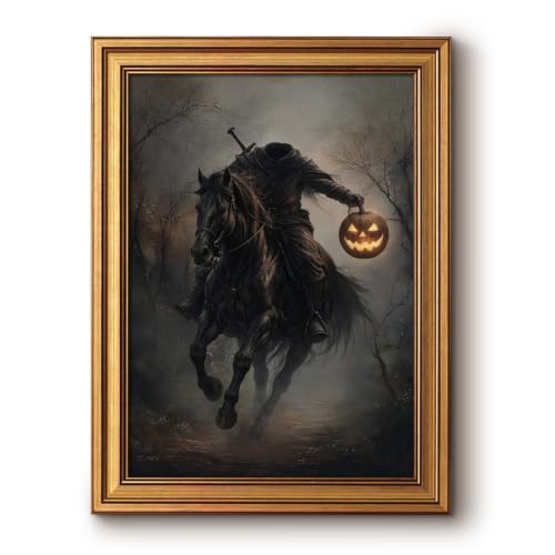 Vintage Framed Hallowen Wall Art, Vintage Gothic Oil Painting, 12x16 Inch | Dark Academia Pictures Wall Decor, Headless Knight Holding Pumpkin Lantern, Gothic Canvas Artwork for Bedroom, 12x16 Inch - color: Headless Knight, size: 16"L x 12"W
